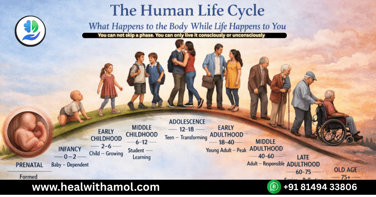 Illustration showing the human life cycle from prenatal stage to old age, explaining how the body changes across 9 stages of life